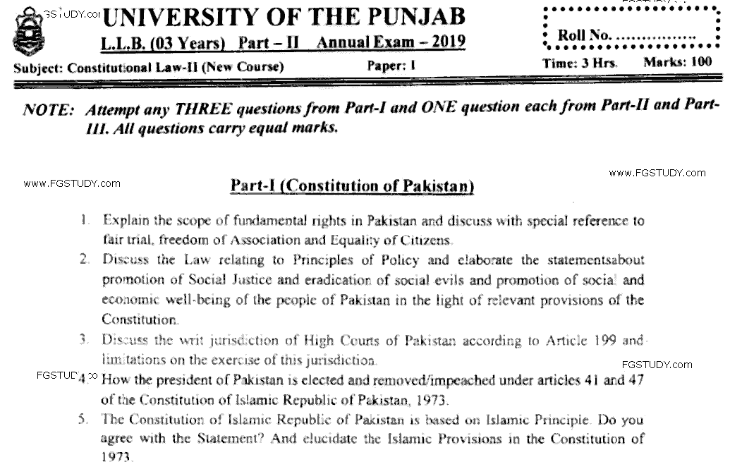 LLB Part 2 Constitutional Law 2 Past Paper 2019 Punjab University