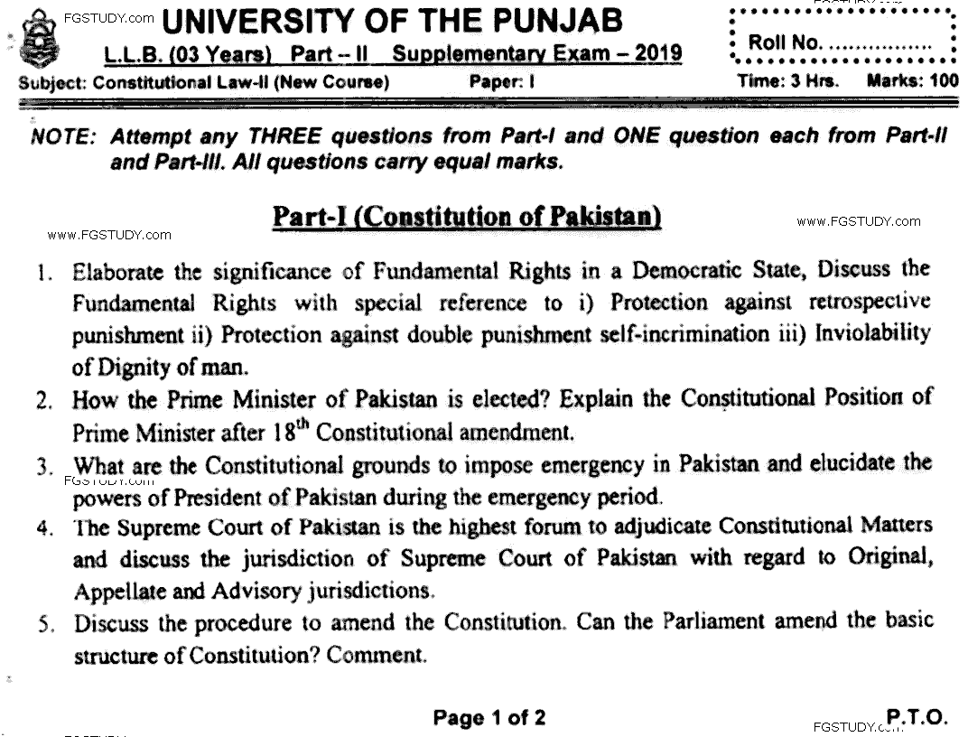 LLB Part 2 Constitutional Law 2 Past Paper 2019 Punjab University