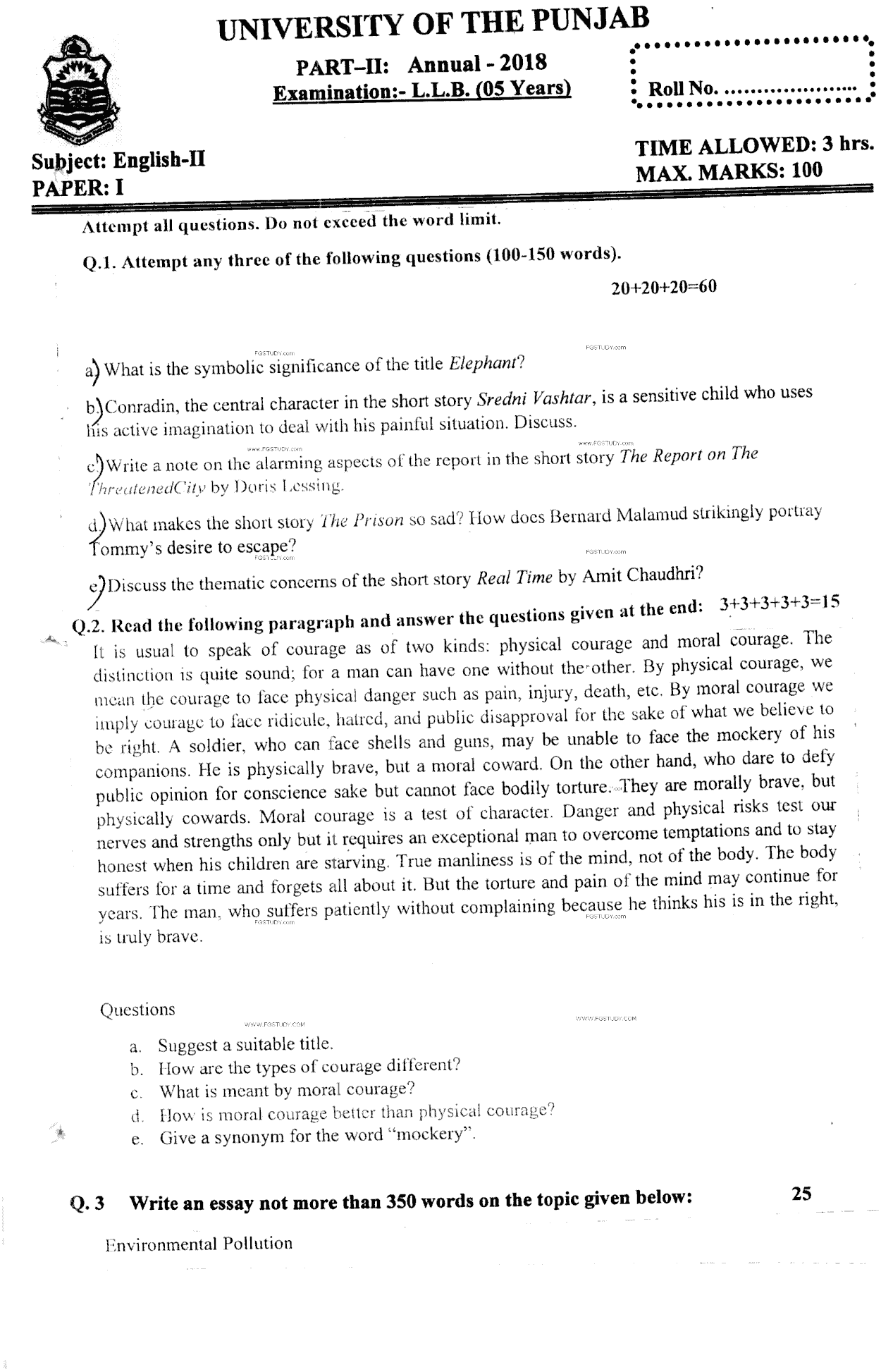 LLB Part 2 English 2 Past Paper 2018 Punjab University