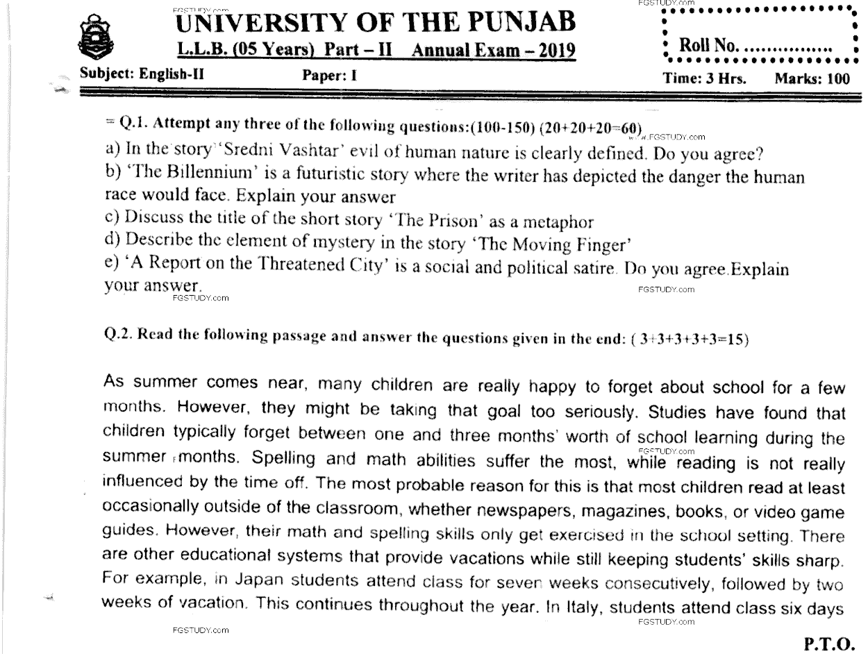 LLB Part 2 English 2 Past Paper 2019 Punjab University