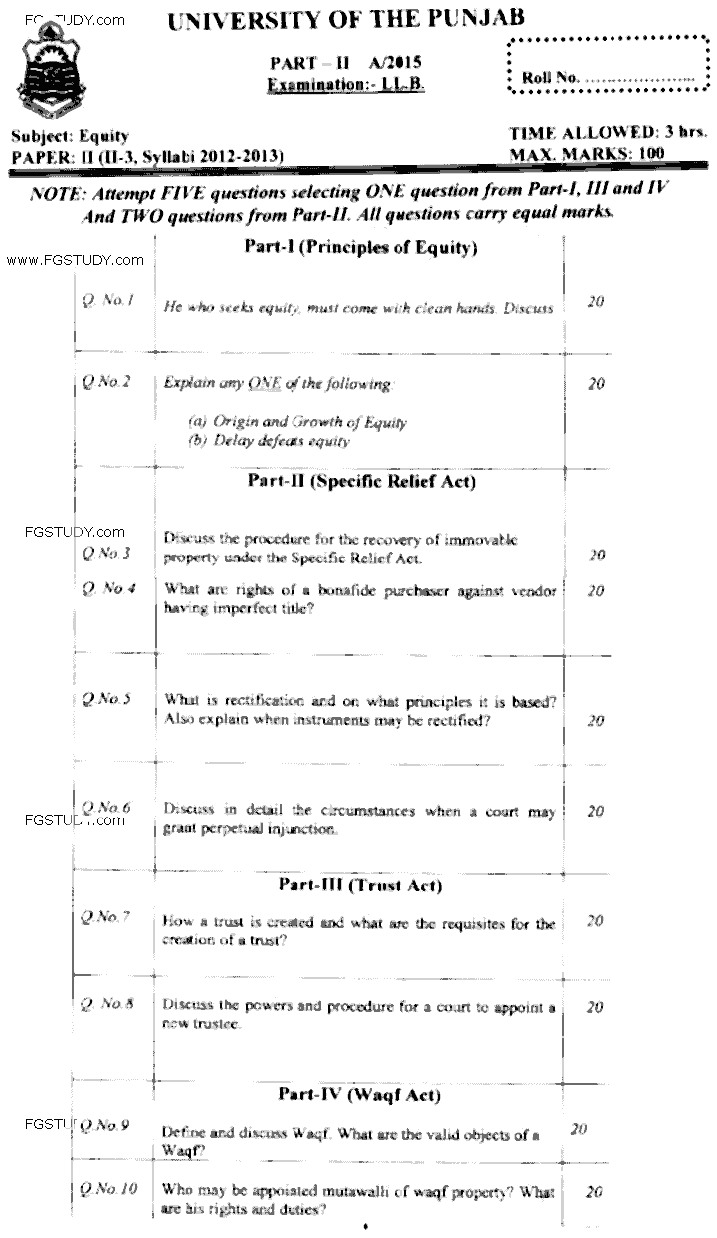LLB Part 2 Equity Past Paper 2015 Punjab University