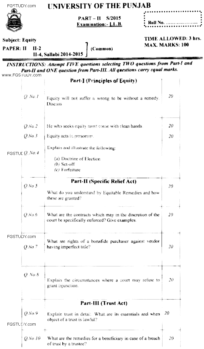 LLB Part 2 Equity Past Paper 2015 Punjab University