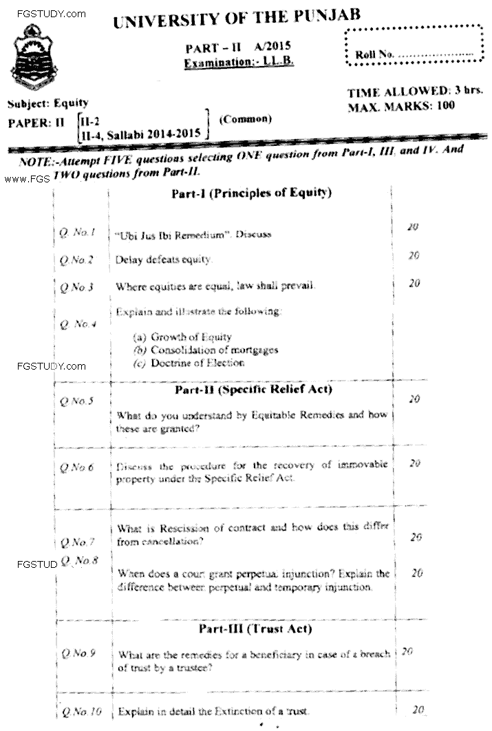 LLB Part 2 Equity Past Paper 2015 Punjab University