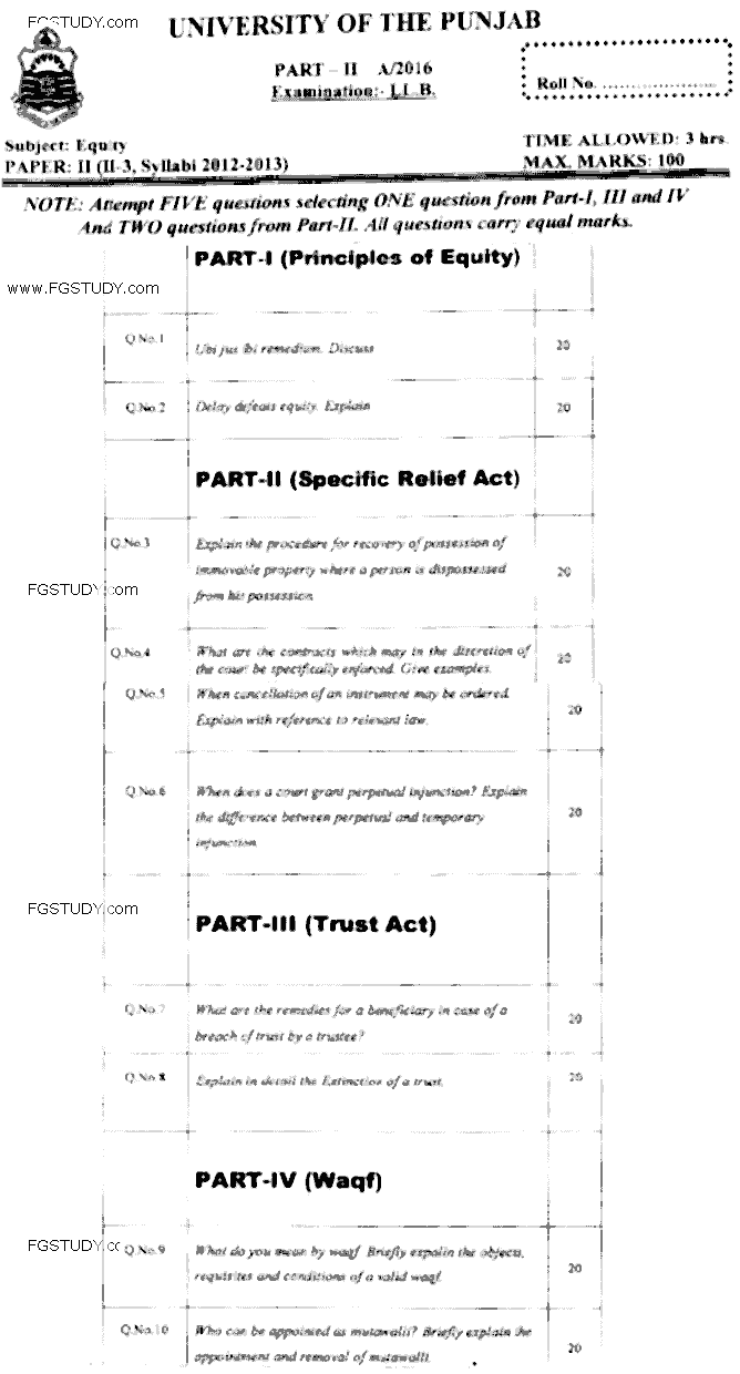 LLB Part 2 Equity Past Paper 2016 Punjab University