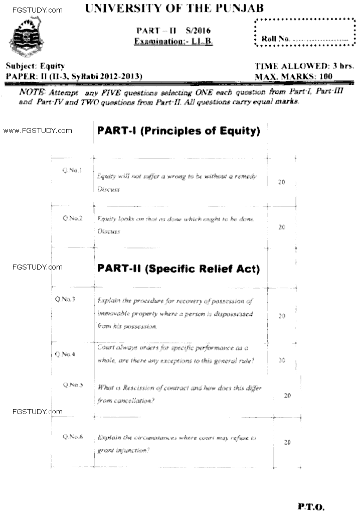 LLB Part 2 Equity Past Paper 2016 Punjab University