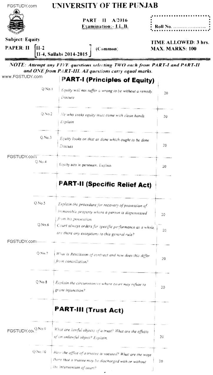 LLB Part 2 Equity Past Paper 2016 Punjab University