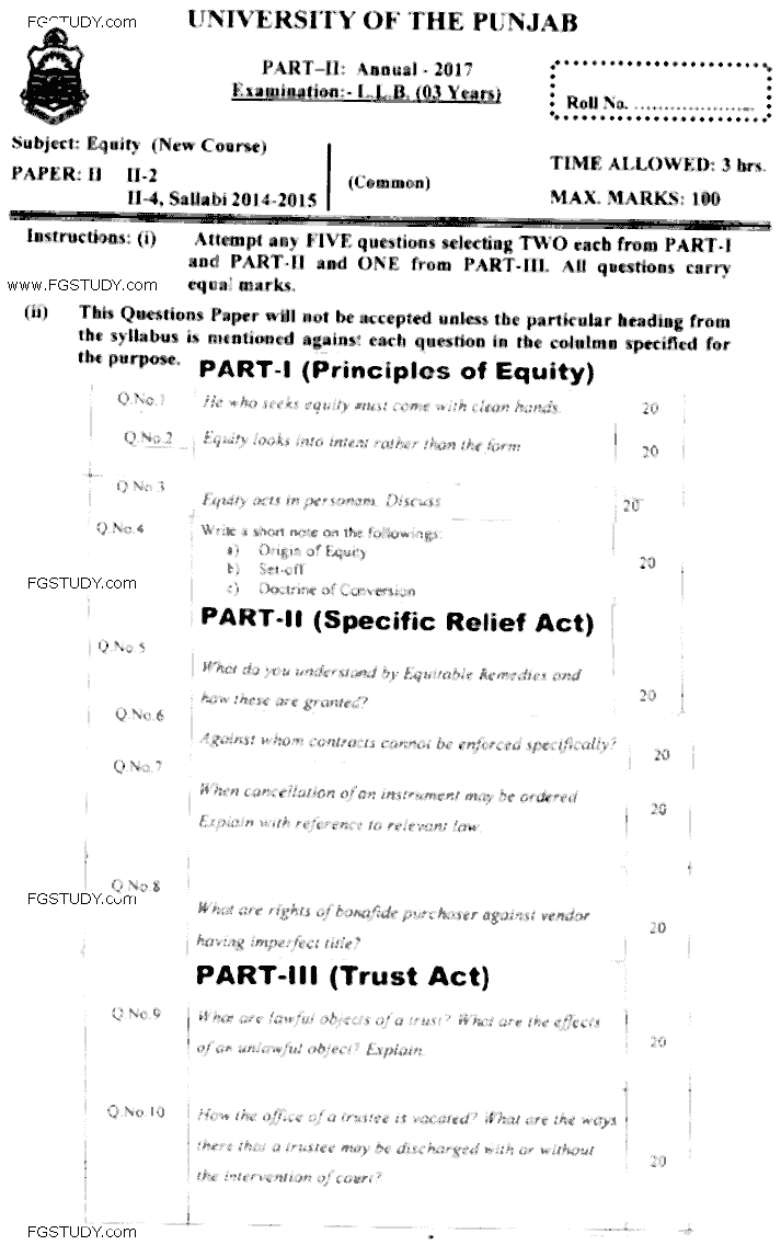 LLB Part 2 Equity Past Paper 2017 Punjab University