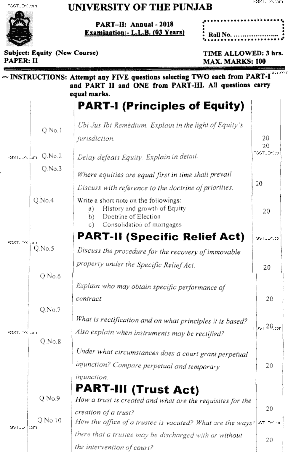 LLB Part 2 Equity Past Paper 2018 Punjab University