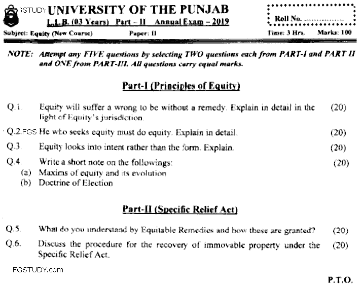 LLB Part 2 Equity Past Paper 2019 Punjab University