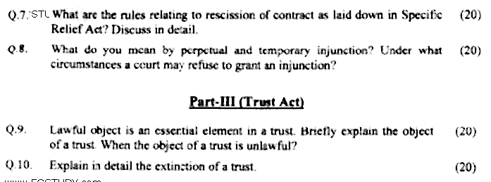 LLB Part 2 Equity Past Paper 2019 Punjab University