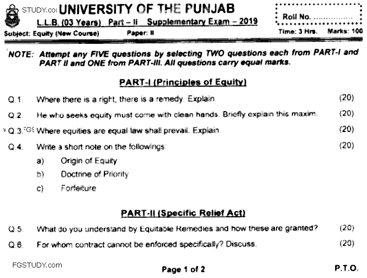 LLB Part 2 Equity Past Paper 2019 Punjab University