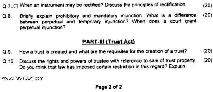 LLB Part 2 Equity Past Paper 2019 Punjab University