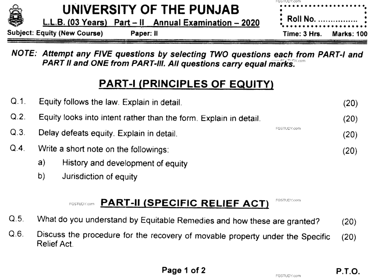 LLB Part 2 Equity Past Paper 2020 Punjab University