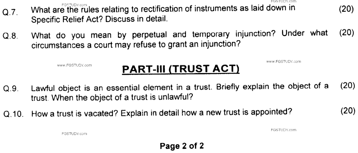 LLB Part 2 Equity Past Paper 2020 Punjab University
