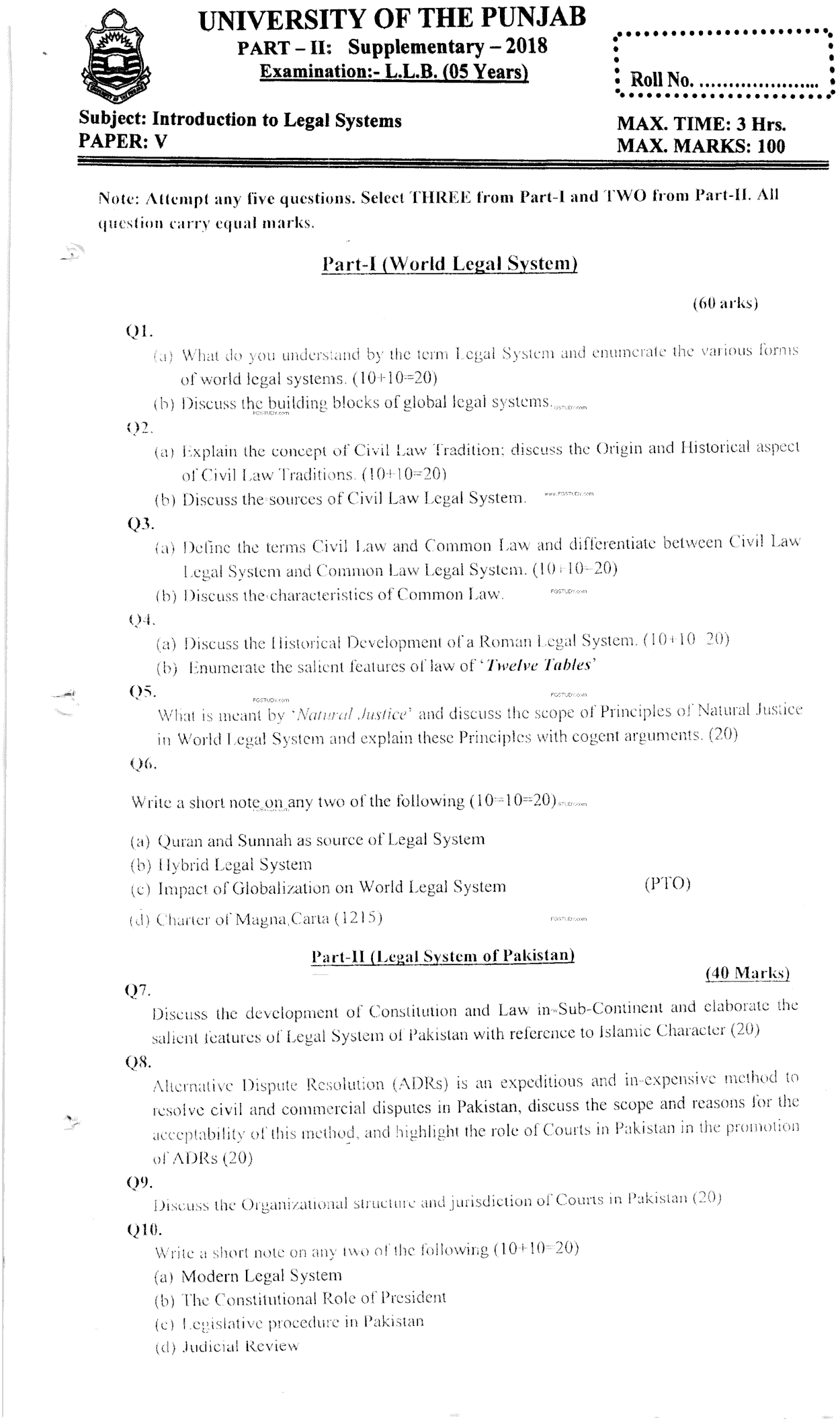 LLB Part 2 Introduction To Legal Systems Past Paper 2018 Punjab University