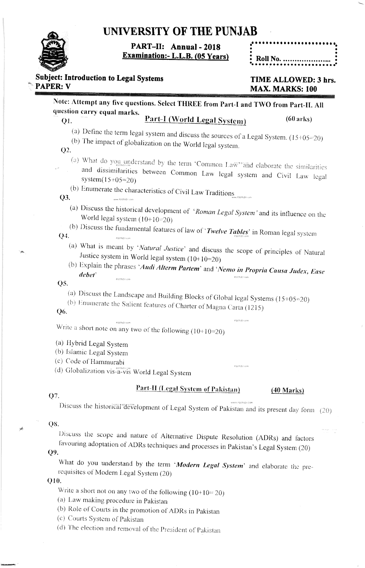LLB Part 2 Introduction To Legal Systems Past Paper 2018 Punjab University