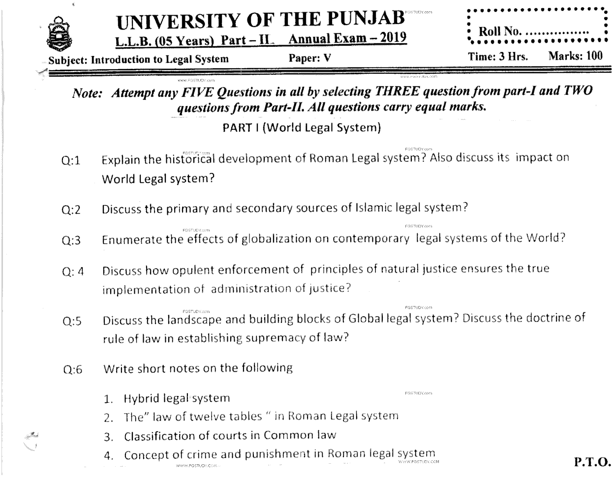 LLB Part 2 Introduction To Legal Systems Past Paper 2019 Punjab University