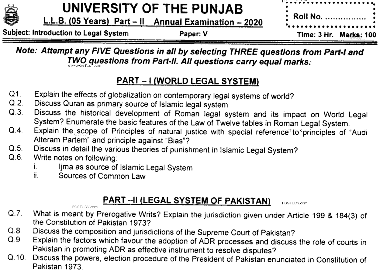 LLB Part 2 Introduction To Legal Systems Past Paper 2020 Punjab University