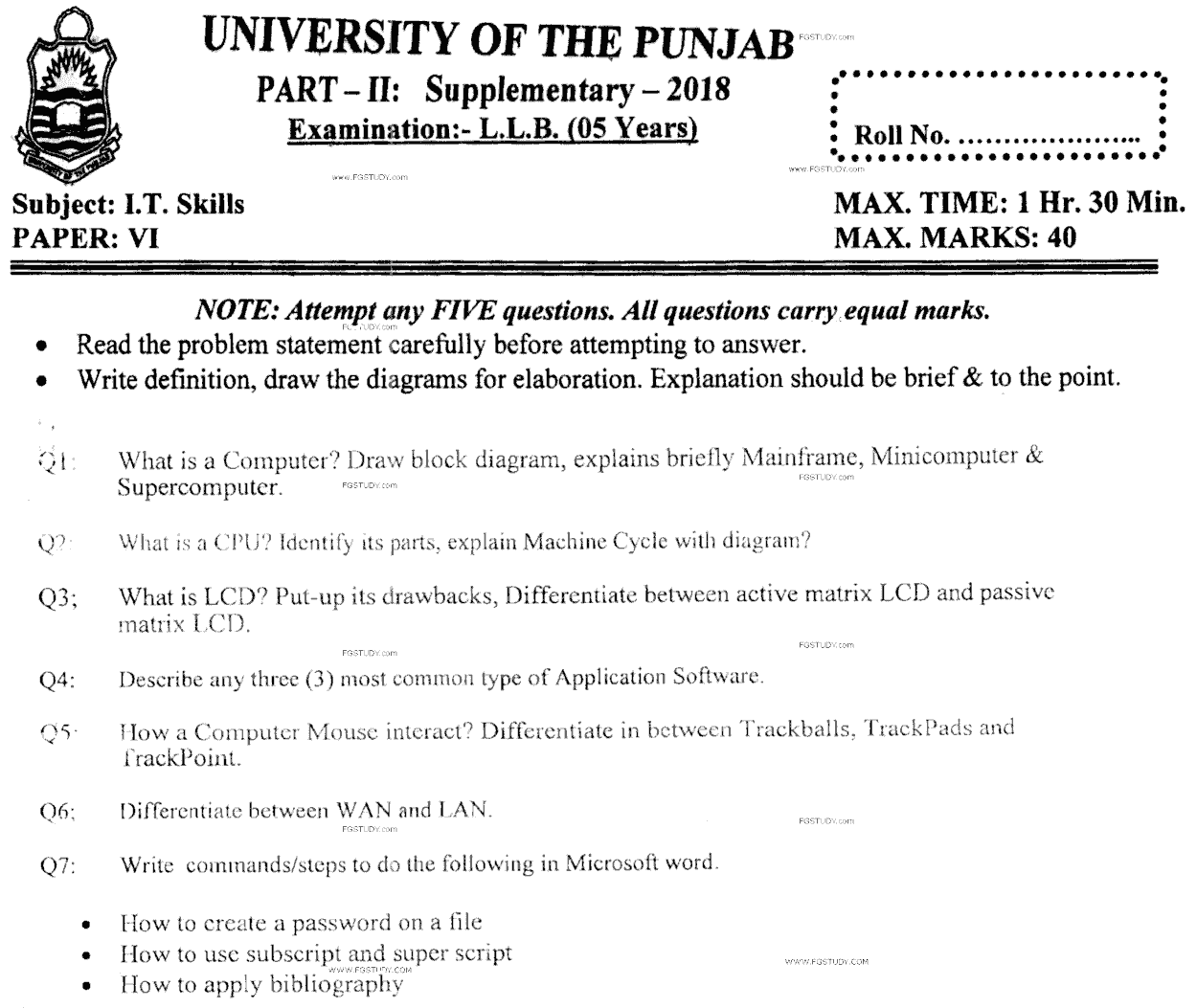 LLB Part 2 It Skills Past Paper 2018 Punjab University