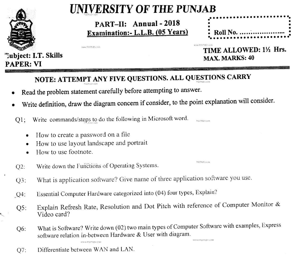 LLB Part 2 It Skills Past Paper 2018 Punjab University