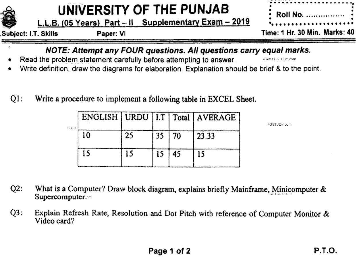 LLB Part 2 It Skills Past Paper 2019 Punjab University