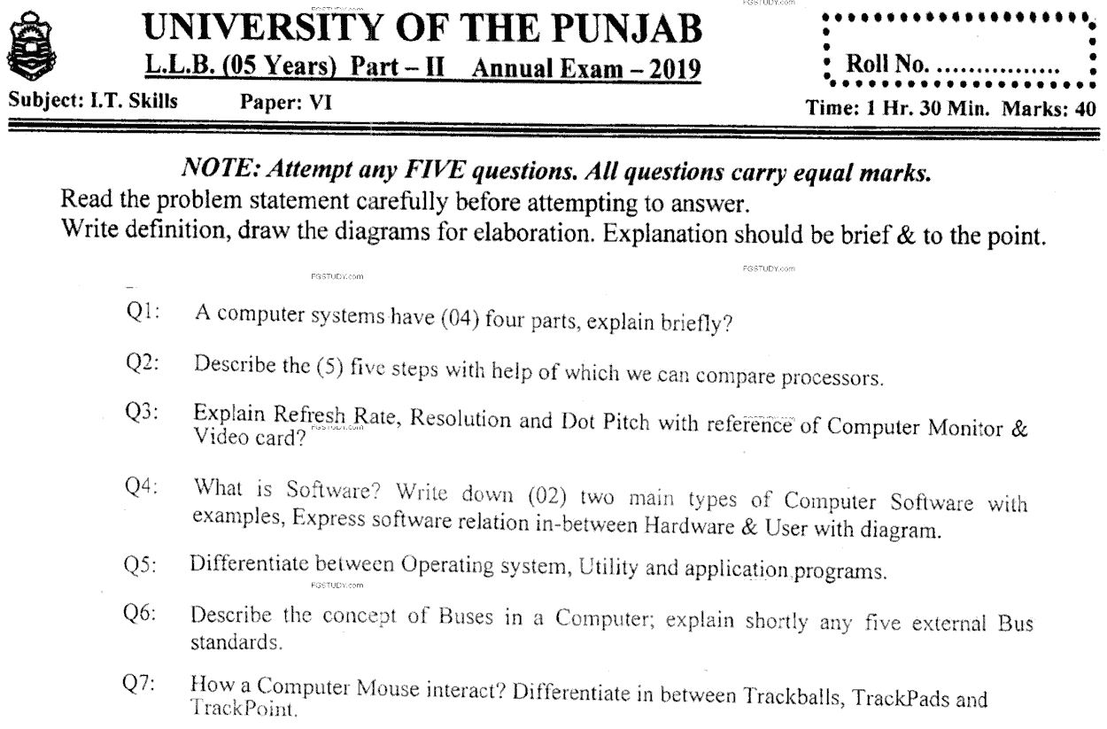 LLB Part 2 It Skills Past Paper 2019 Punjab University