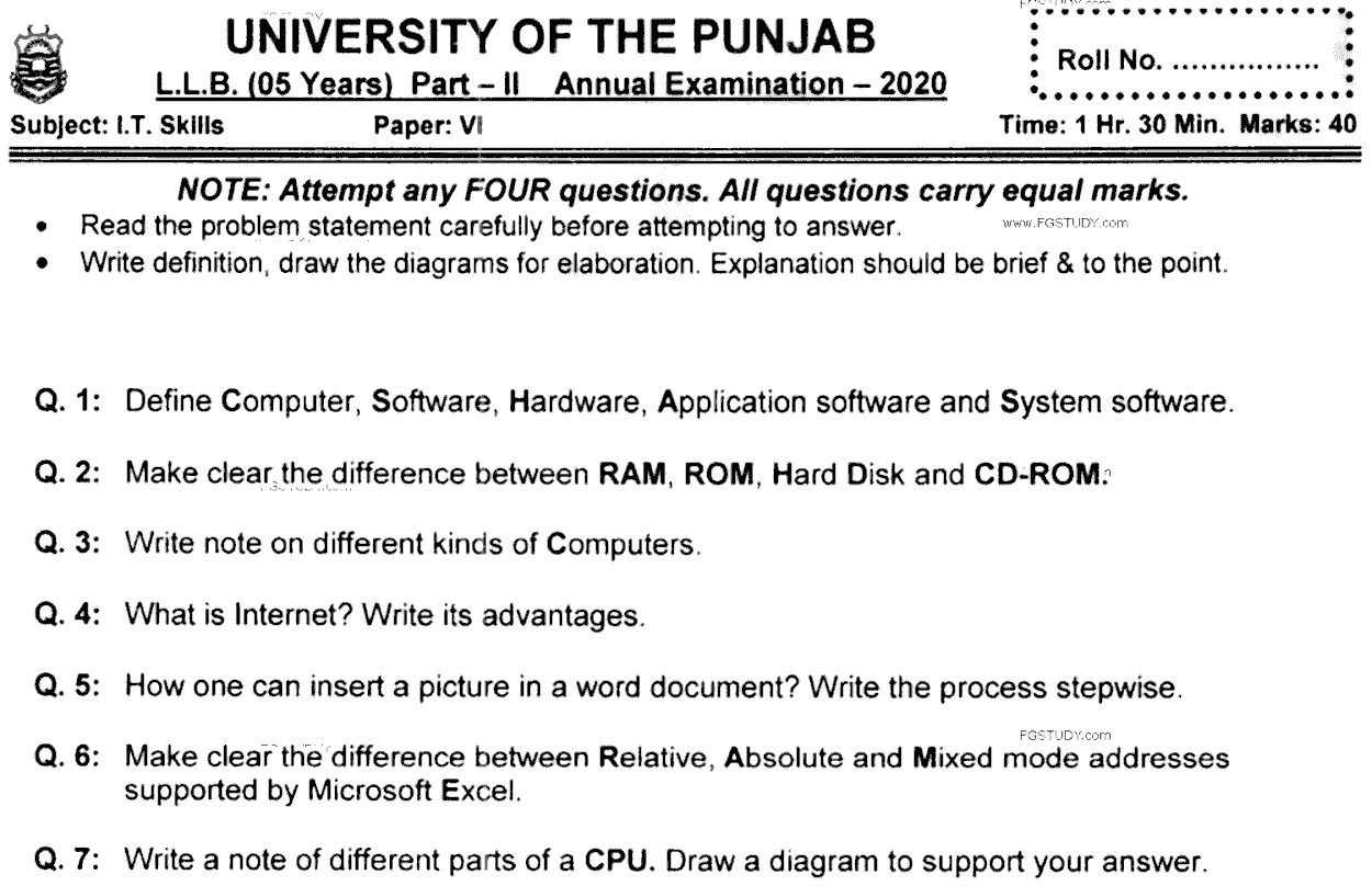 LLB Part 2 It Skills Past Paper 2020 Punjab University
