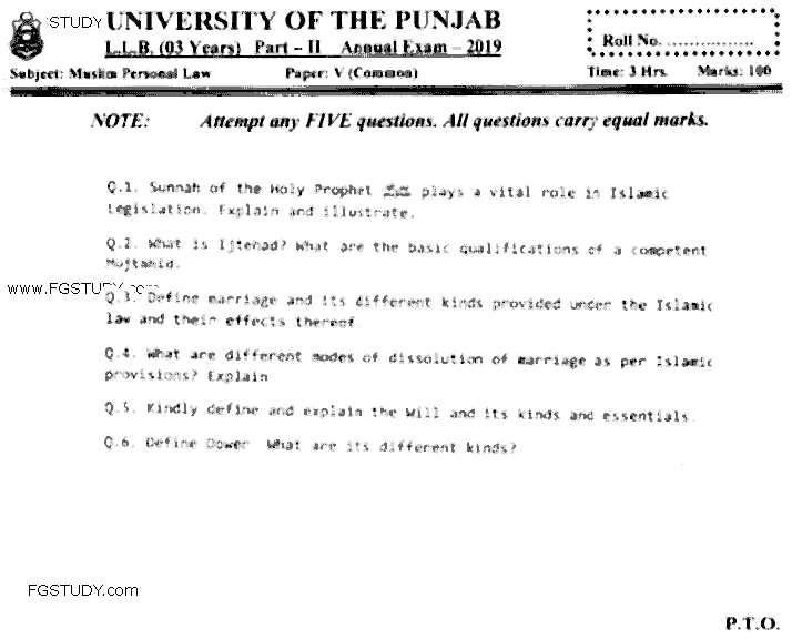 LLB Part 2 Muslim Personal Law Past Paper 2019 Punjab University