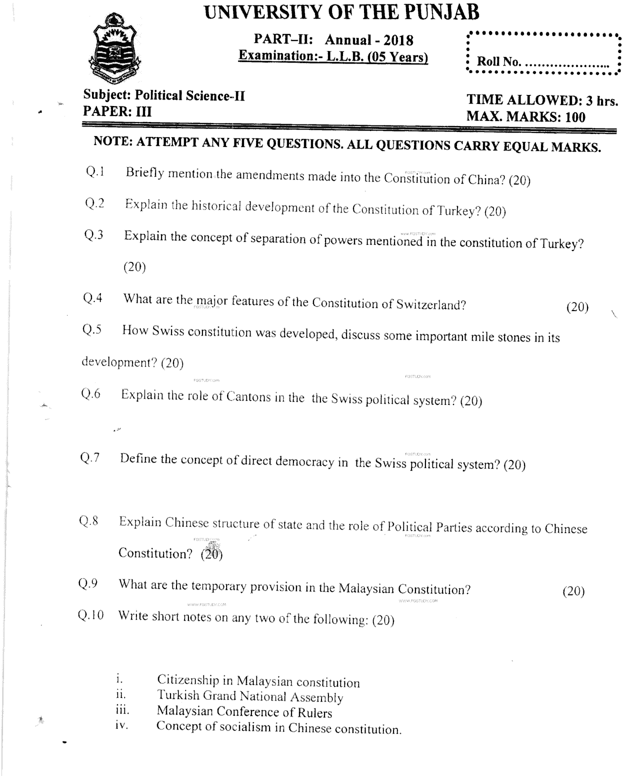 LLB Part 2 Political Science 2 Past Paper 2018 Punjab University