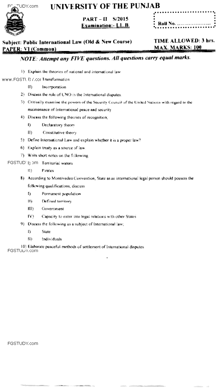 LLB Part 2 Public International Law Past Paper 2015 Punjab University