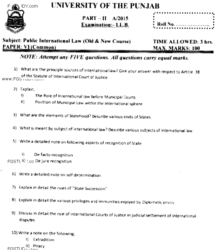LLB Part 2 Public International Law Past Paper 2015 Punjab University