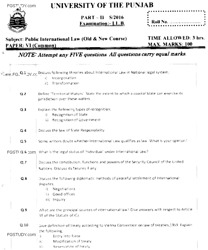 LLB Part 2 Public International Law Past Paper 2016 Punjab University