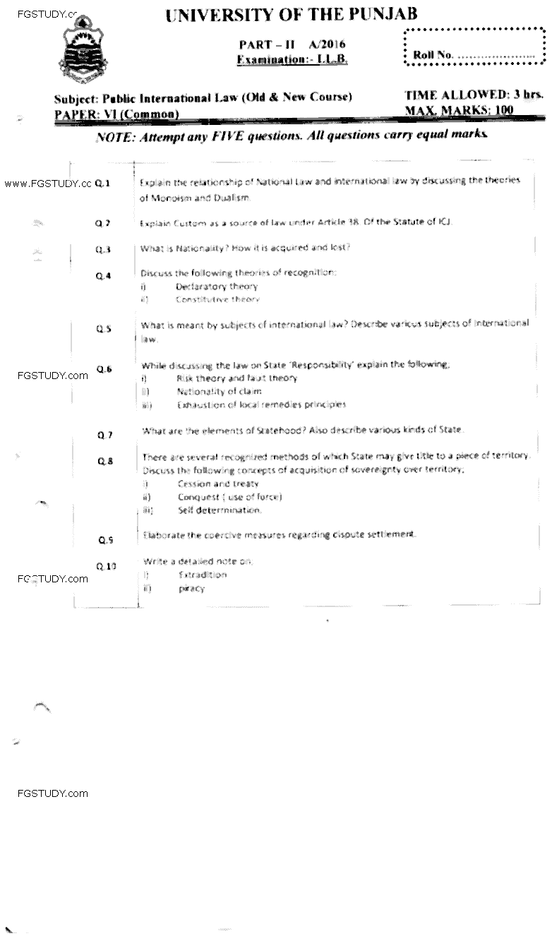 LLB Part 2 Public International Law Past Paper 2016 Punjab University