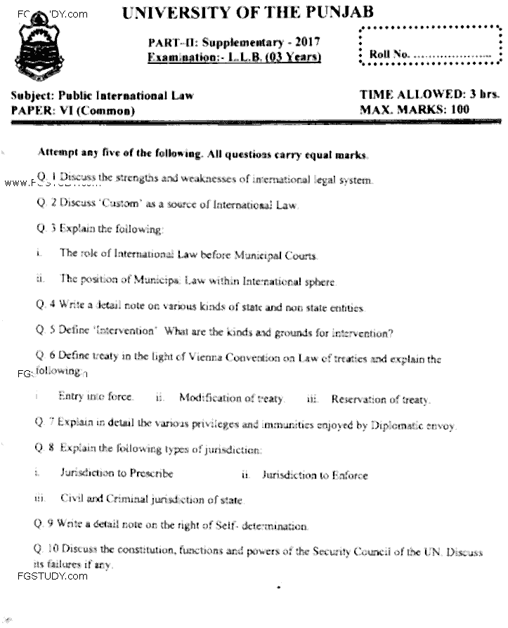 LLB Part 2 Public International Law Past Paper 2017 Punjab University