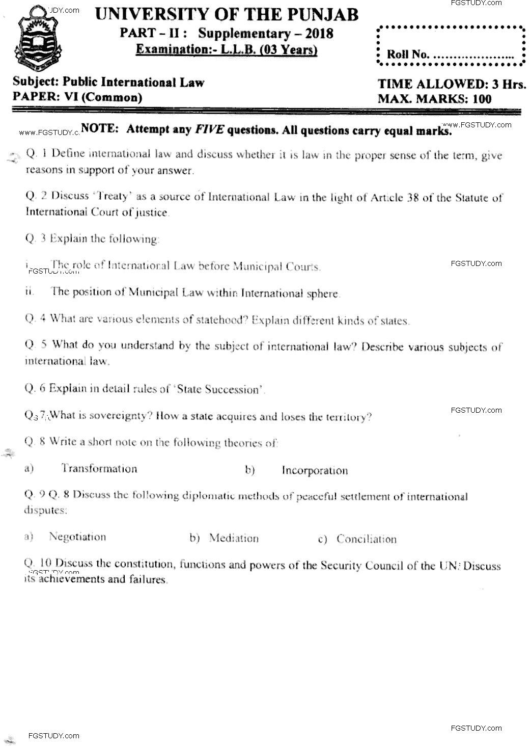 LLB Part 2 Public International Law Past Paper 2018 Punjab University