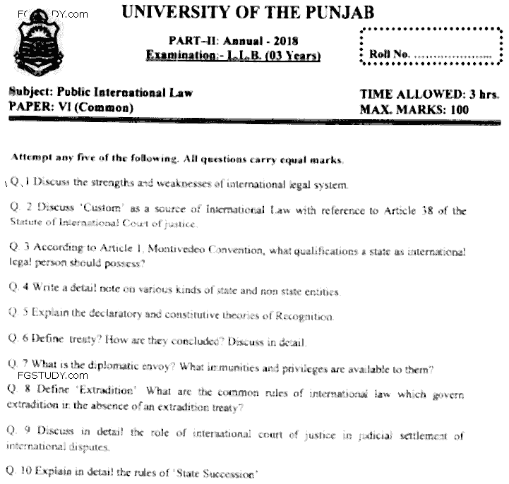 LLB Part 2 Public International Law Past Paper 2018 Punjab University