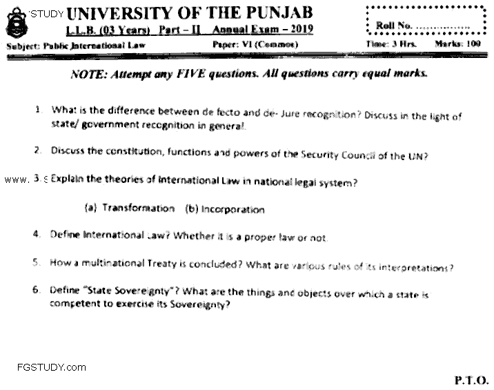 LLB Part 2 Public International Law Past Paper 2019 Punjab University