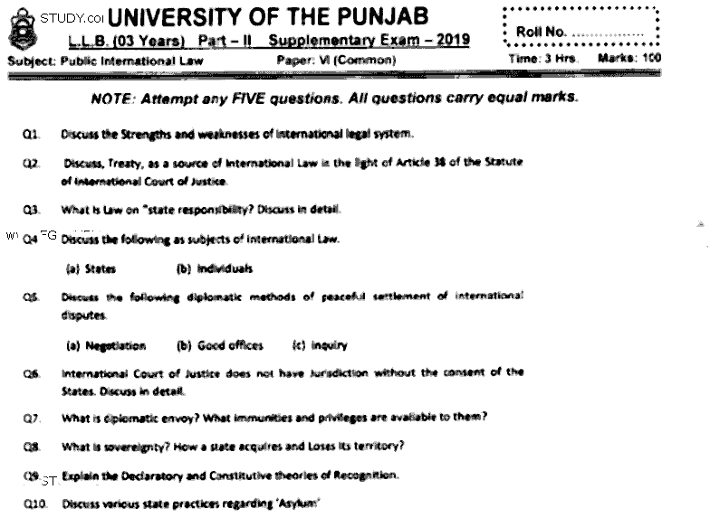 LLB Part 2 Public International Law Past Paper 2019 Punjab University