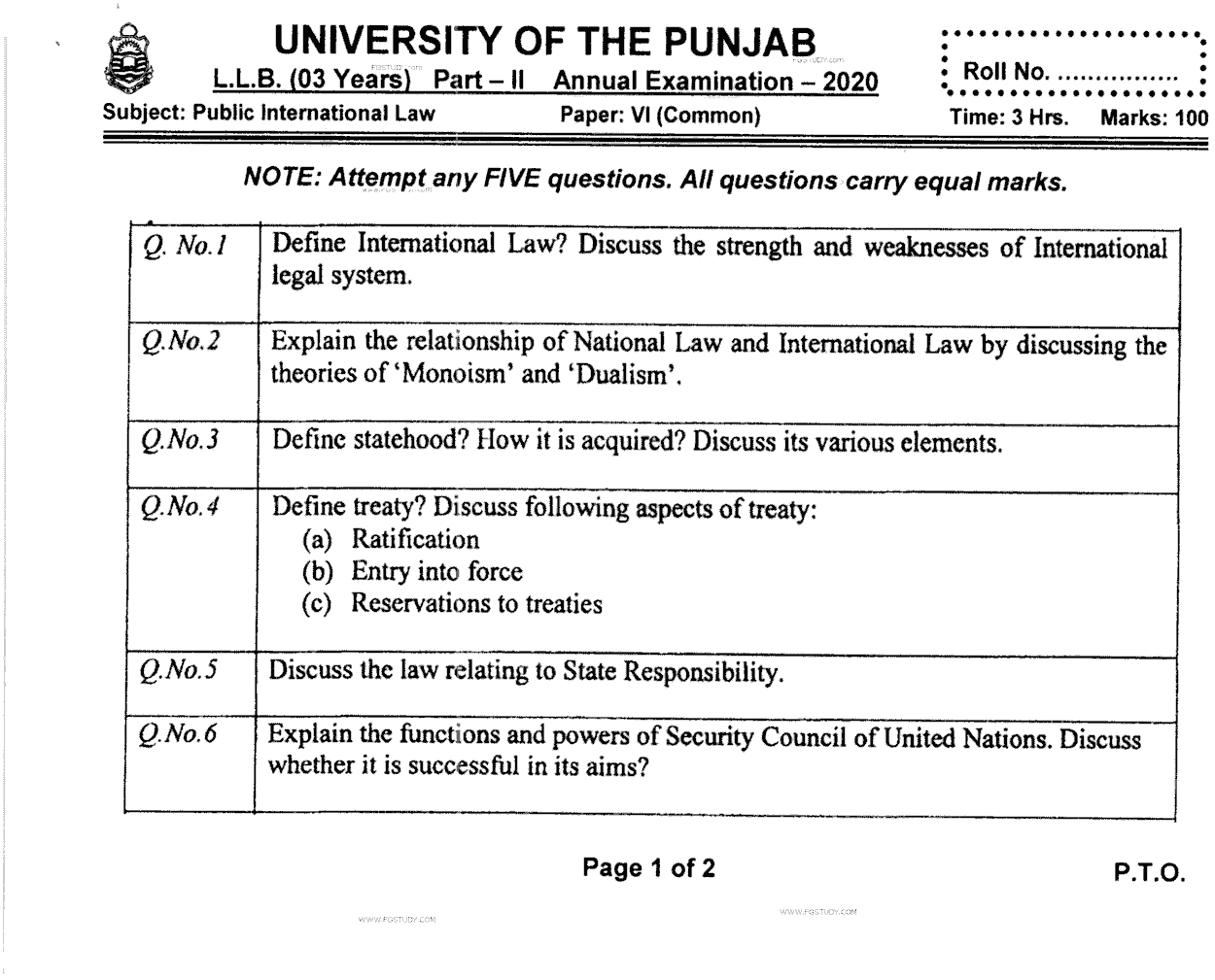 LLB Part 2 Public International Law Past Paper 2020 Punjab University