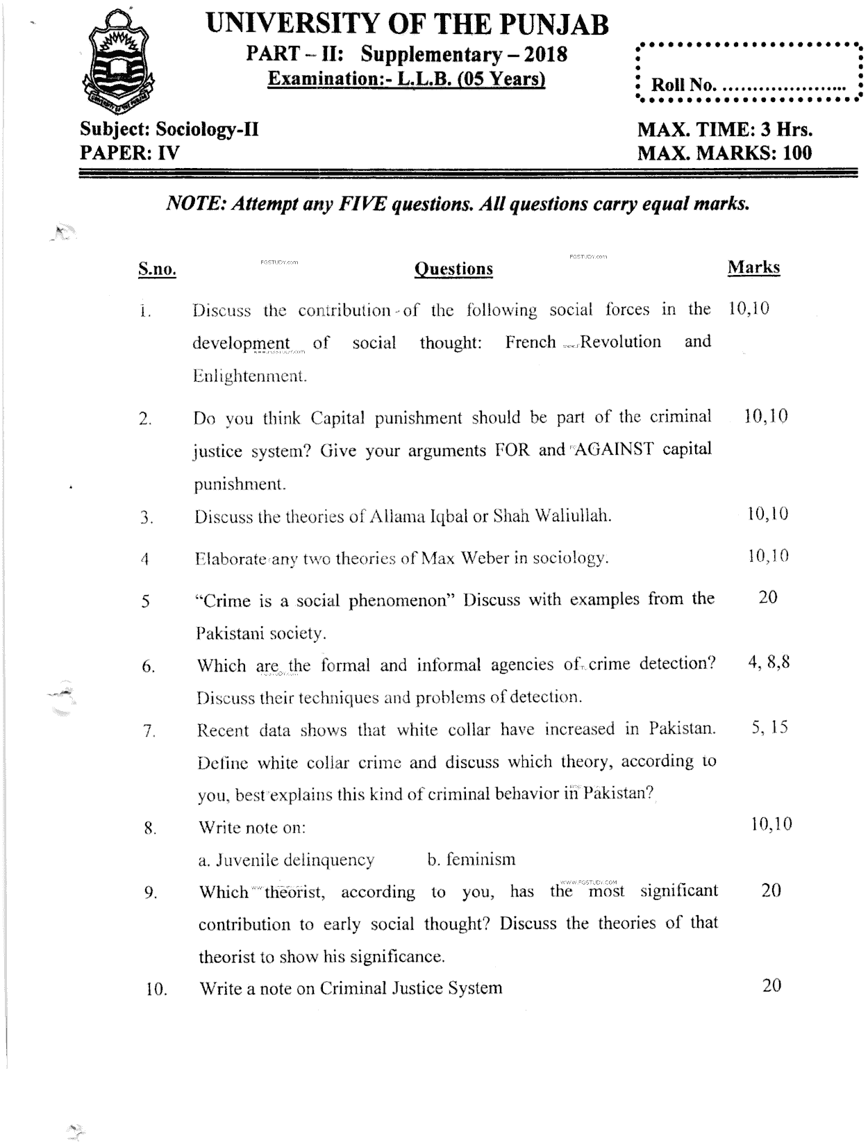 LLB Part 2 Sociology 2 Past Paper 2018 Punjab University