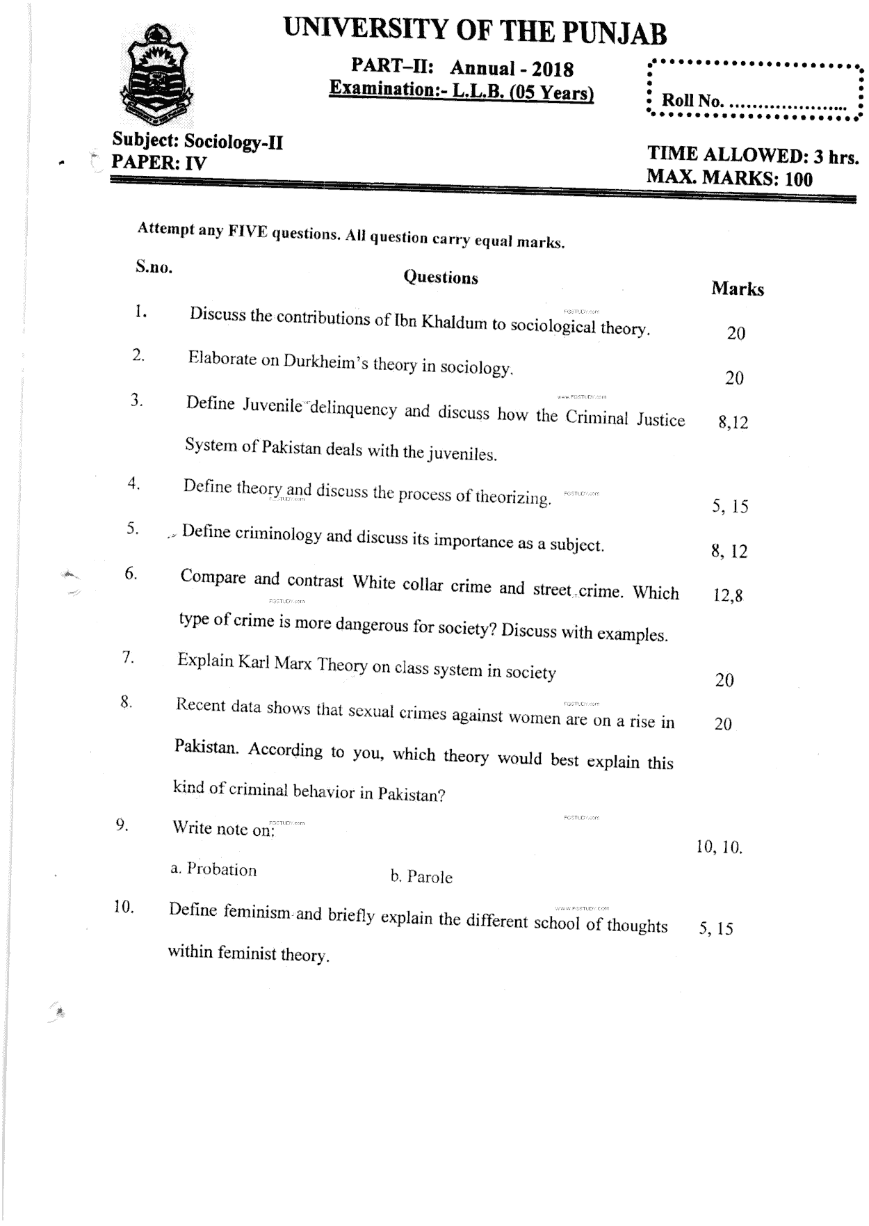 LLB Part 2 Sociology 2 Past Paper 2018 Punjab University