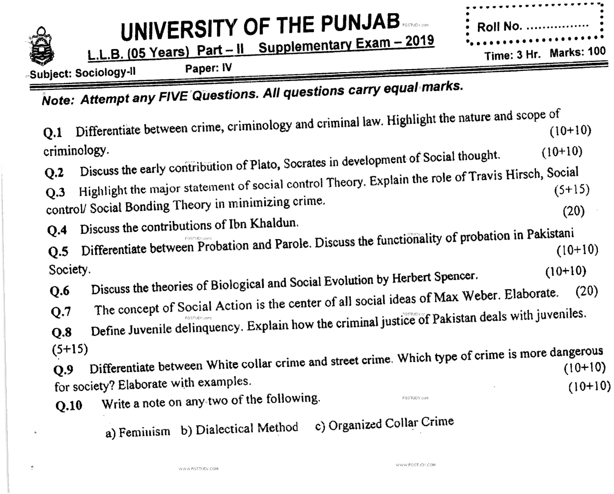 LLB Part 2 Sociology 2 Past Paper 2019 Punjab University
