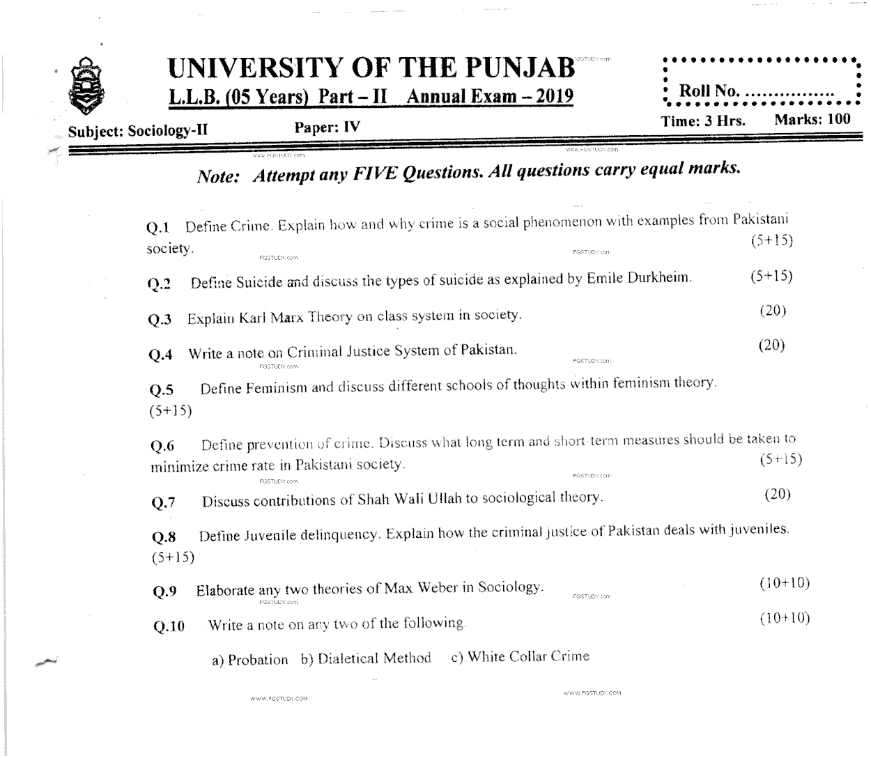 LLB Part 2 Sociology 2 Past Paper 2019 Punjab University