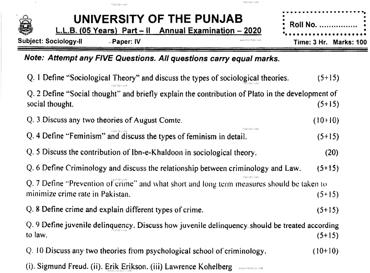 LLB Part 2 Sociology 2 Past Paper 2020 Punjab University