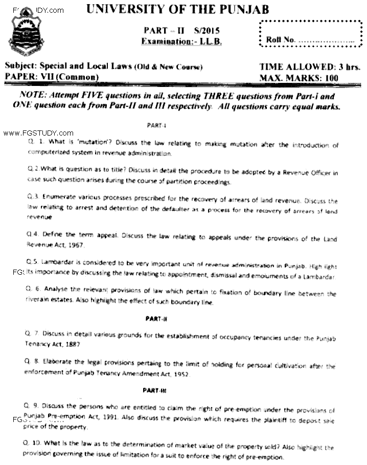 LLB Part 2 Special Local Laws Past Paper 2015 Punjab University