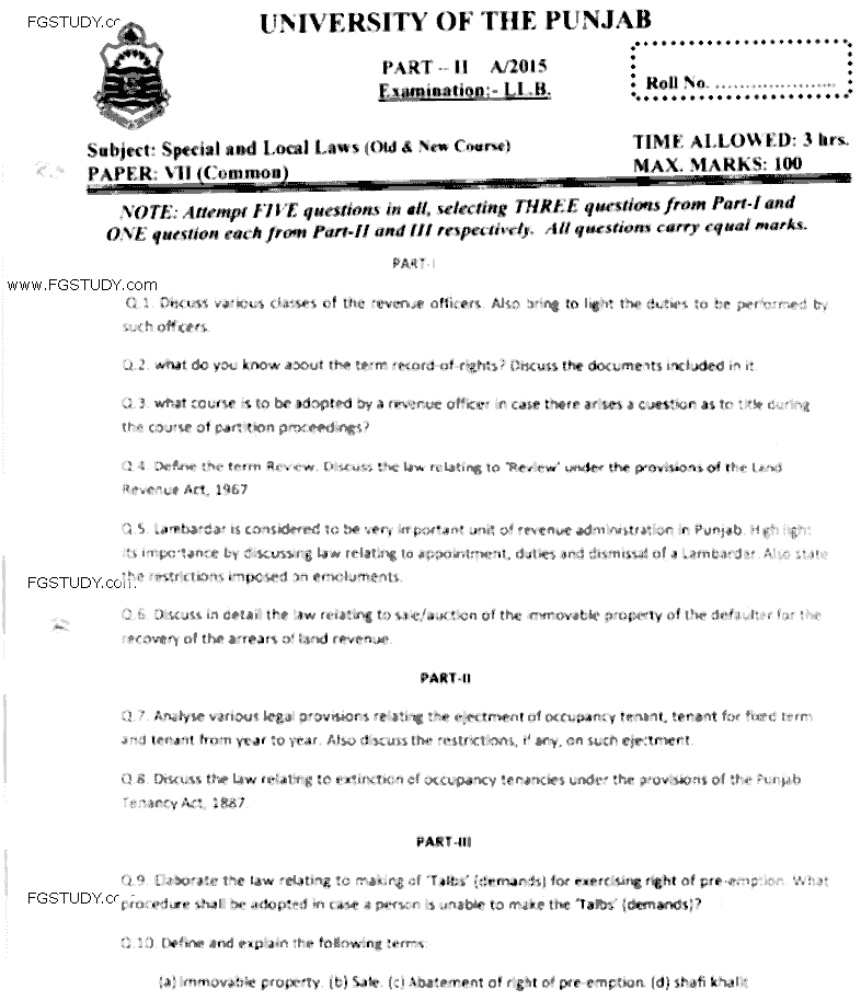 LLB Part 2 Special Local Laws Past Paper 2015 Punjab University