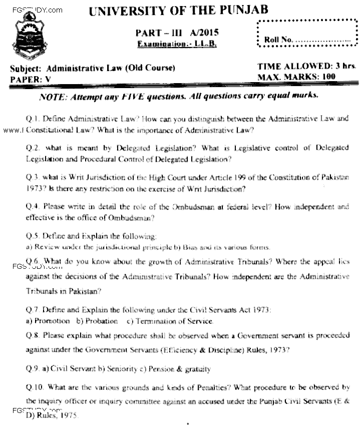 LLB Part 3 Administrative Law Past Paper 2015 Punjab University
