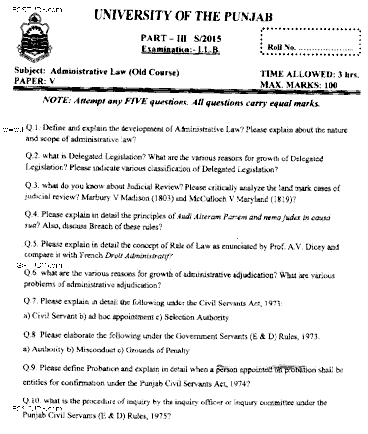 LLB Part 3 Administrative Law Past Paper 2015 Punjab University