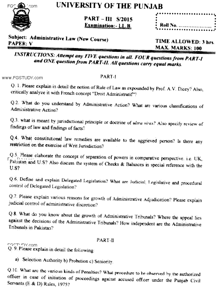 LLB Part 3 Administrative Law Past Paper 2015 Punjab University