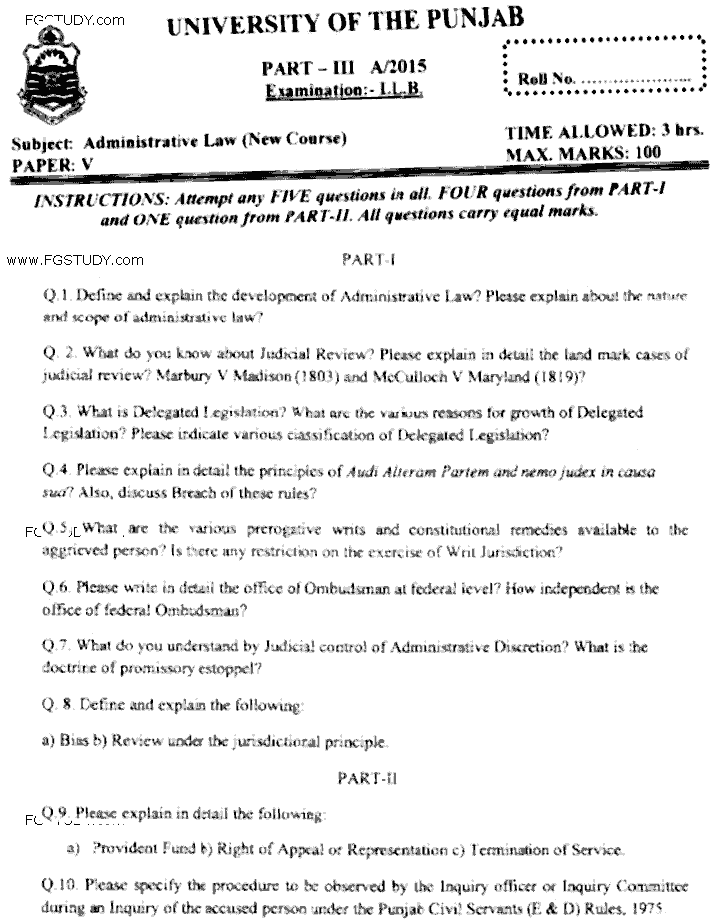 LLB Part 3 Administrative Law Past Paper 2015 Punjab University
